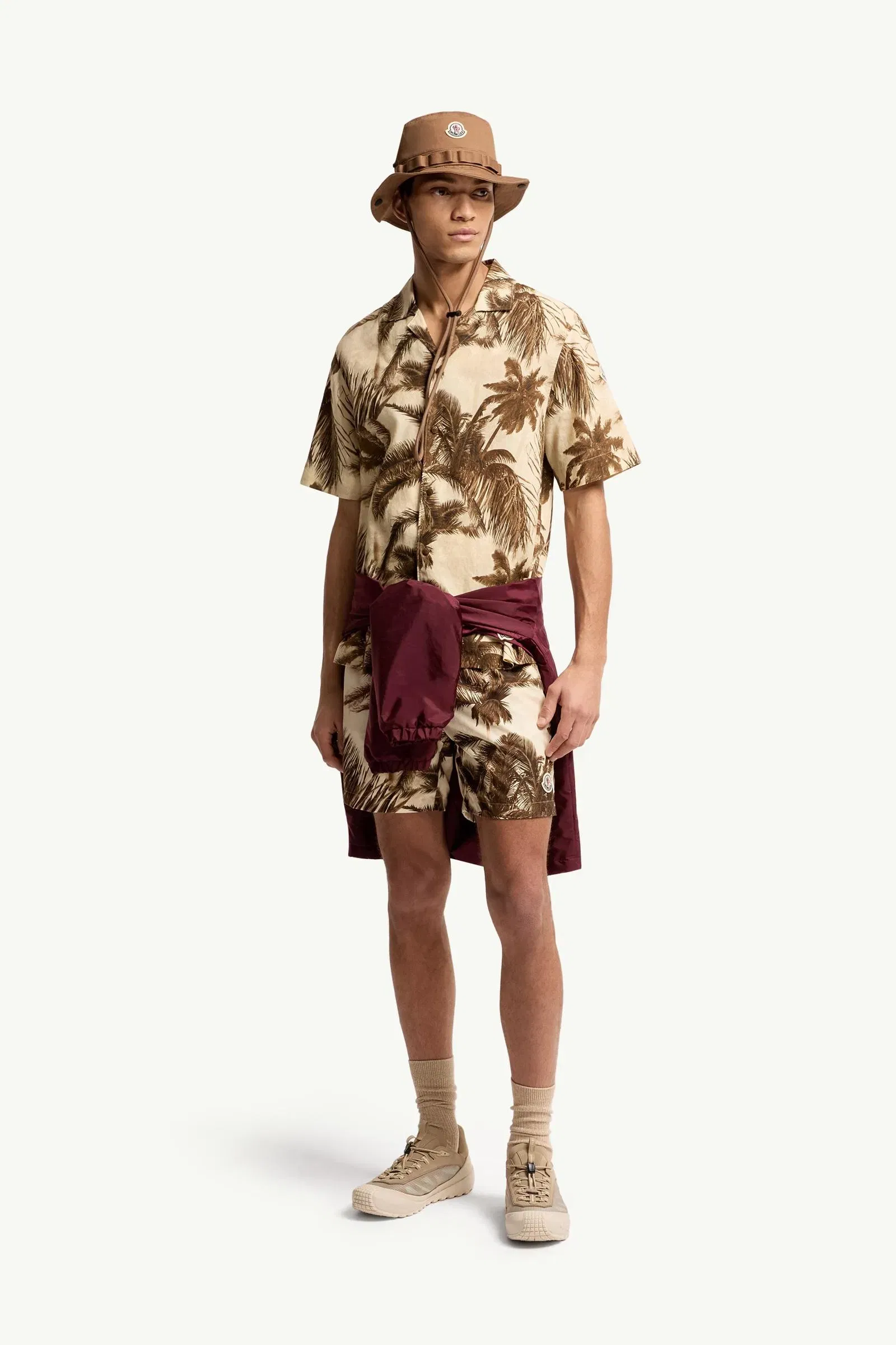 Moncler Cotton & Linen Blend Short Sleeve Shirt Beige & Green Beige & Green
