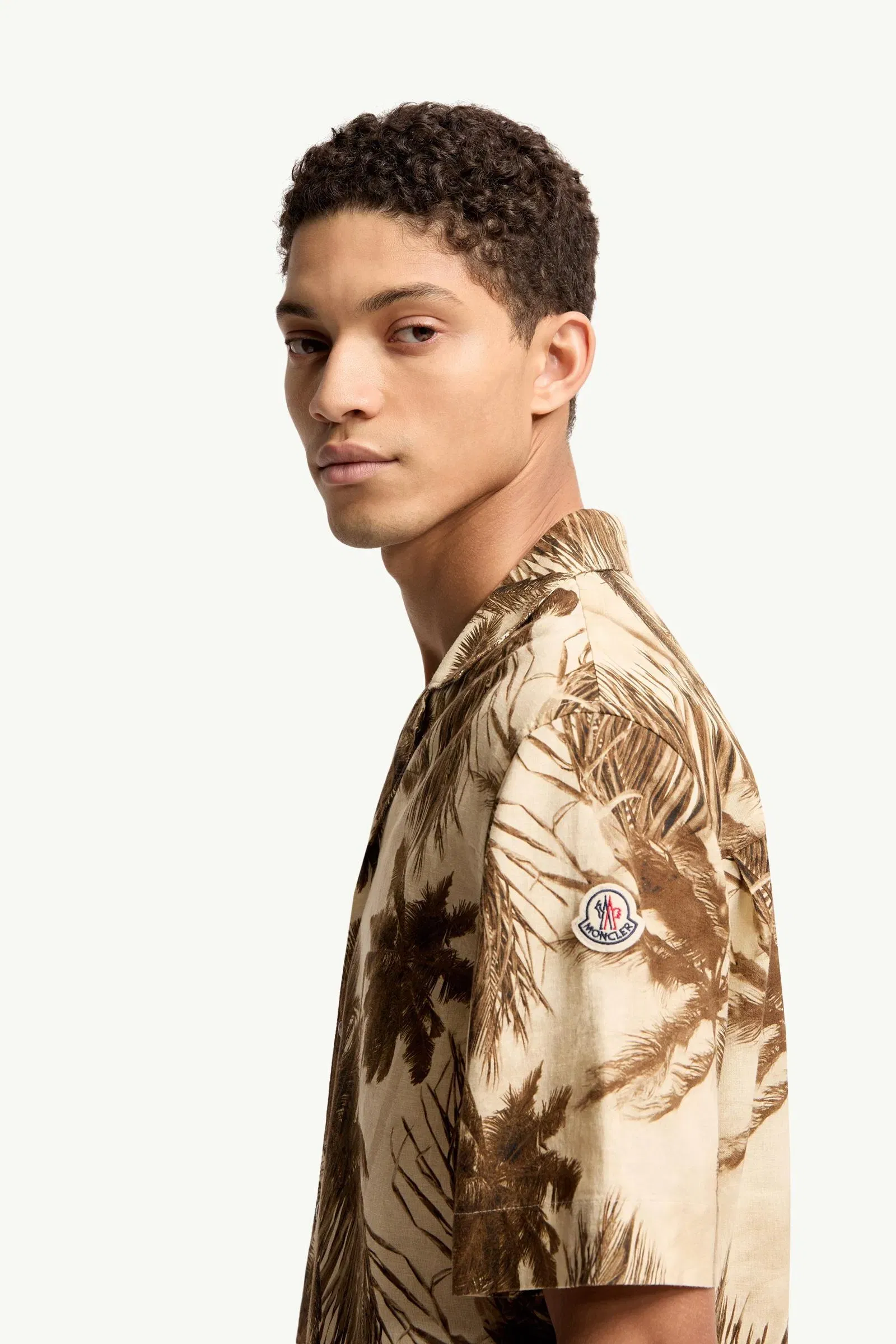 Moncler Cotton & Linen Blend Short Sleeve Shirt Beige & Green Beige & Green