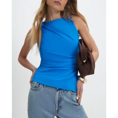 Blue Sleeveless Slash Neck Top