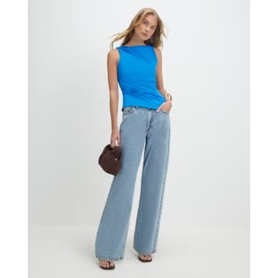 Blue Sleeveless Slash Neck Top