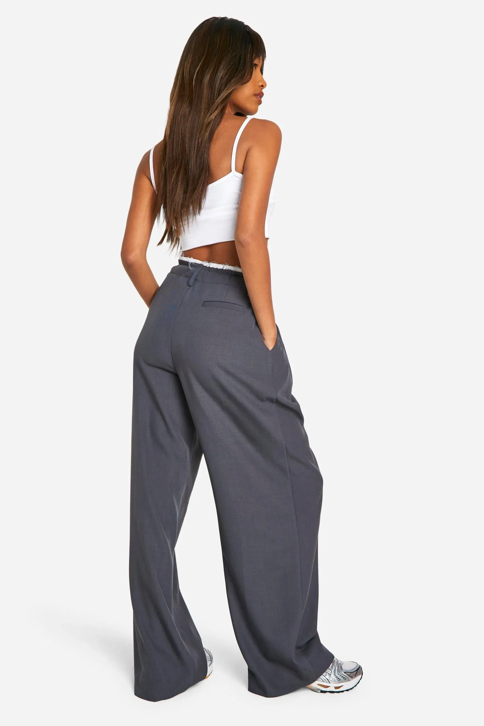 Fray Hem Double Waistband Wide Leg Woven Trousers