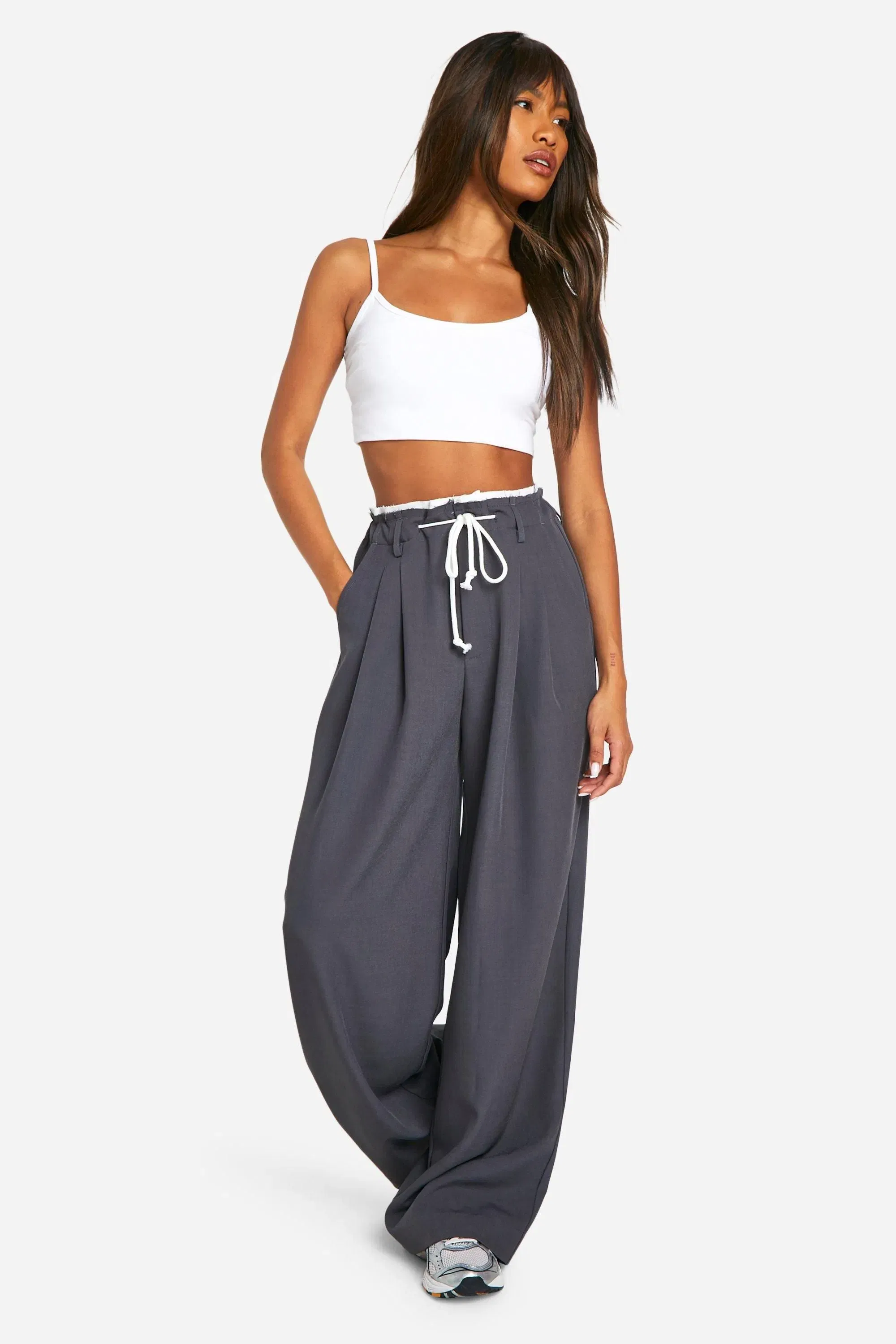 Fray Hem Double Waistband Wide Leg Woven Trousers