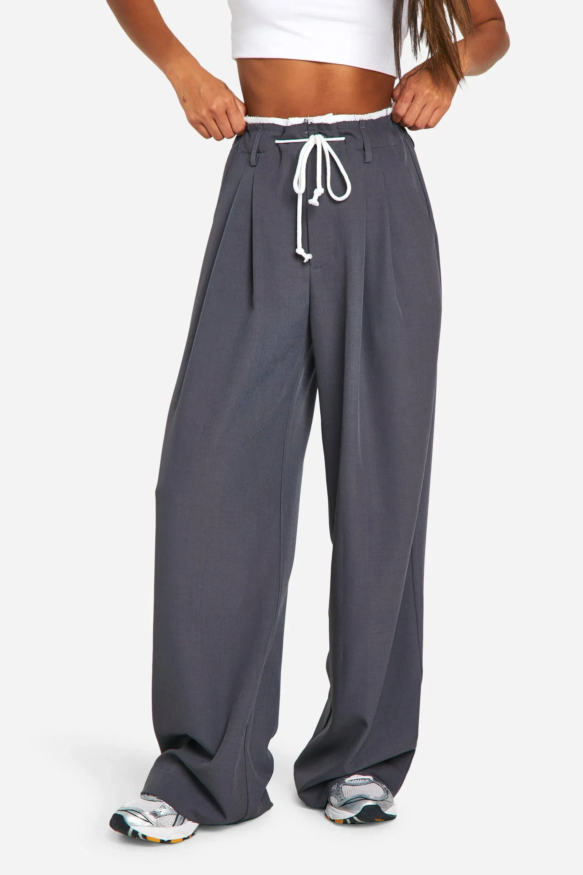 Fray Hem Double Waistband Wide Leg Woven Trousers