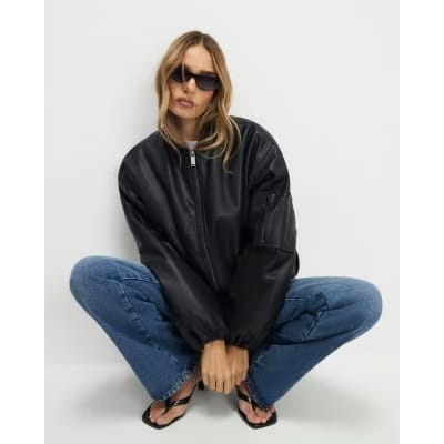 Black Faux Leather Bomber Jacket