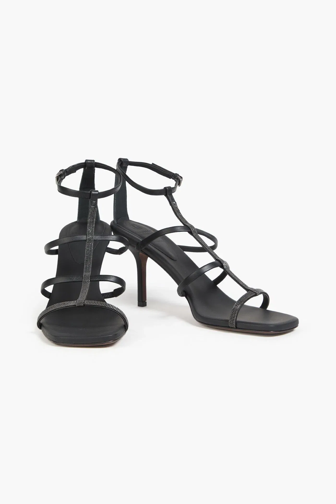 Brunello Cucinelli Bead-Embellished Leather Sandals Black Women's