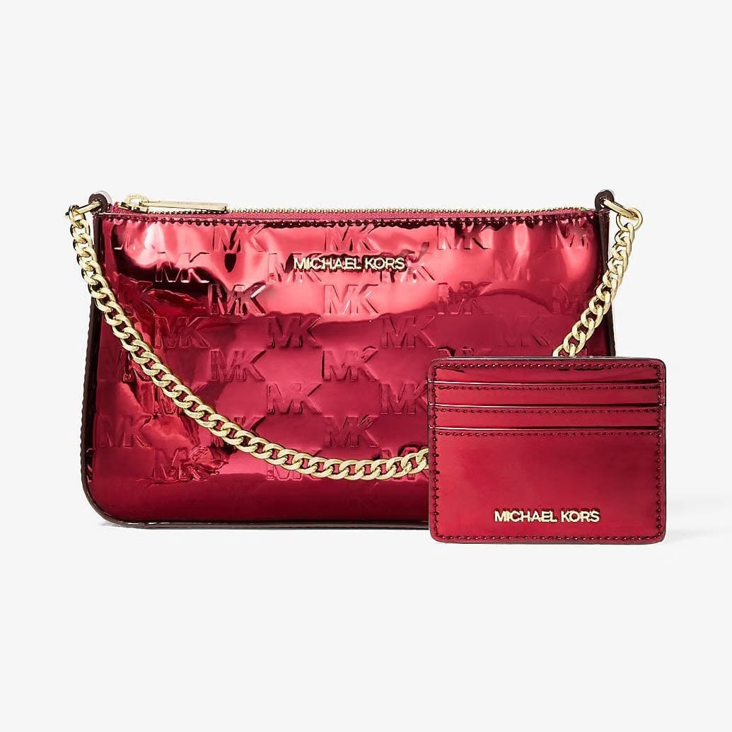 Michael Kors Jet Set Medium Metallic Logo Debossed Pochette and Card Case Gift Set Cherry