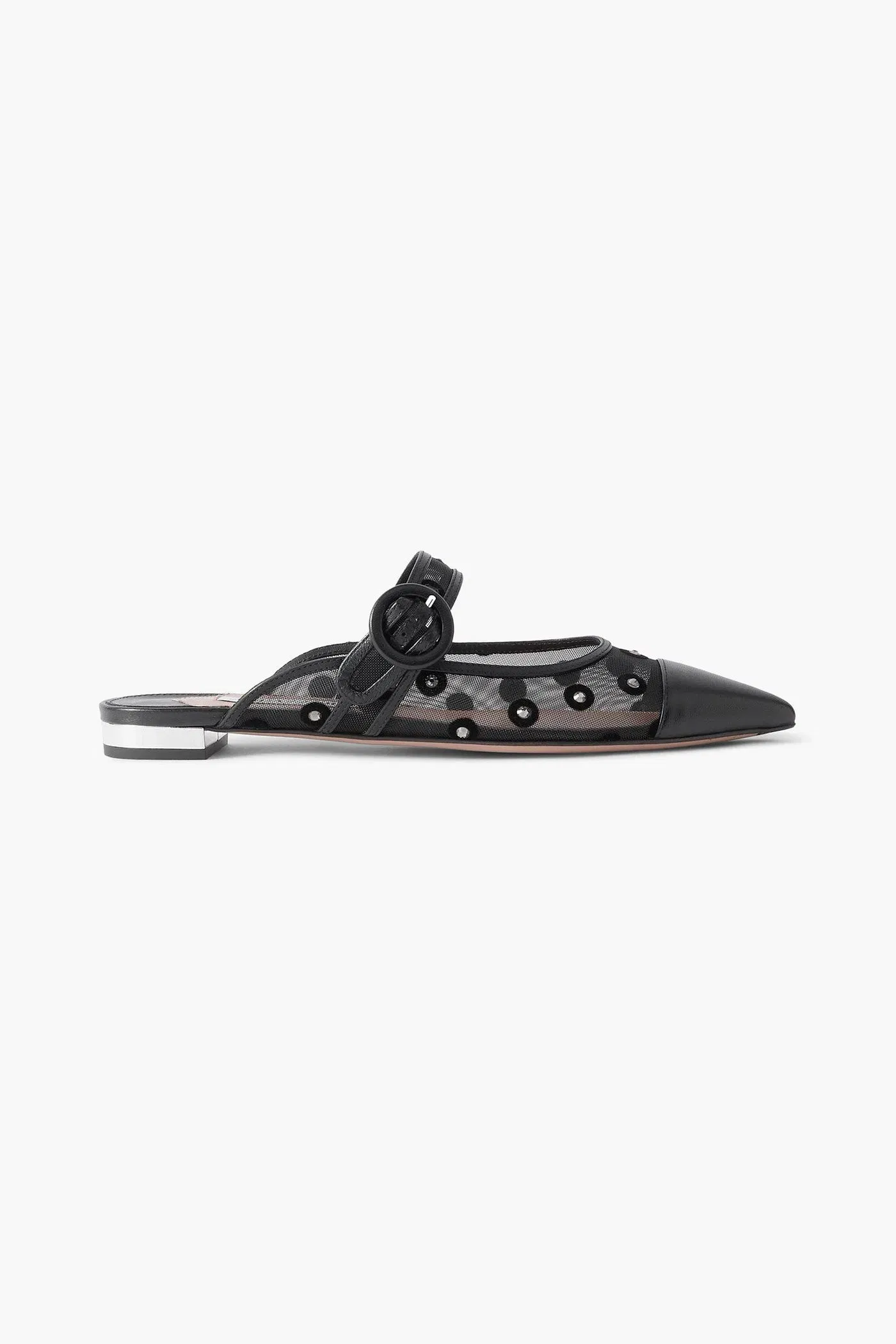 Aquazzura Darling Daisy Crystal-Embellished Flocked Polka-Dot Leather-Trimmed Mesh Mules Black Women's