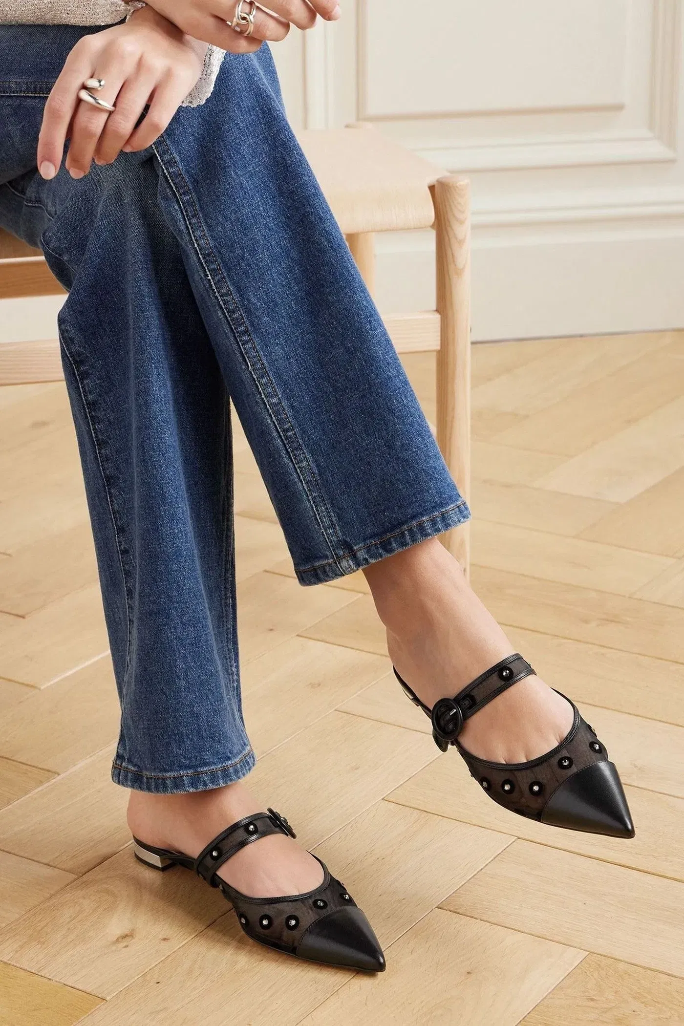 Aquazzura Darling Daisy Crystal-Embellished Flocked Polka-Dot Leather-Trimmed Mesh Mules Black Women's