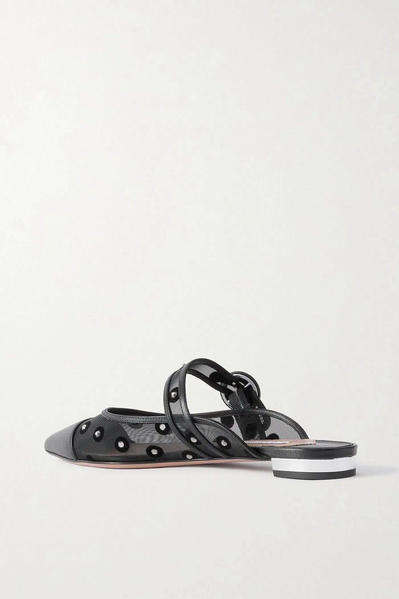 Aquazzura Darling Daisy Crystal-Embellished Flocked Polka-Dot Leather-Trimmed Mesh Mules Black Women's