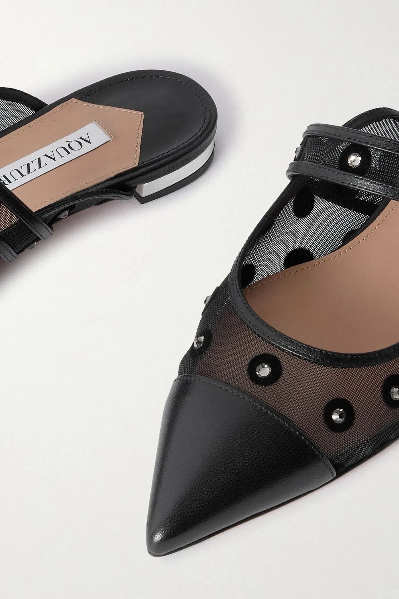 Aquazzura Darling Daisy Crystal-Embellished Flocked Polka-Dot Leather-Trimmed Mesh Mules Black Women's
