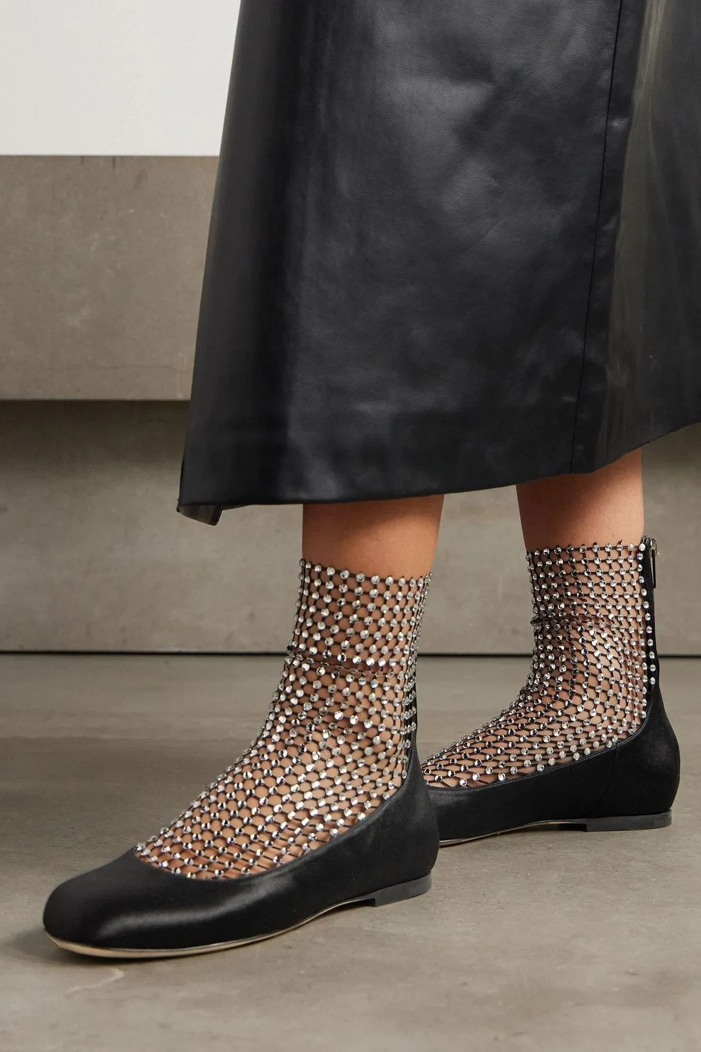 Rene' Caovilla Crystal-Embellished Mesh-Paneled Satin Ballet Flats Black Women's