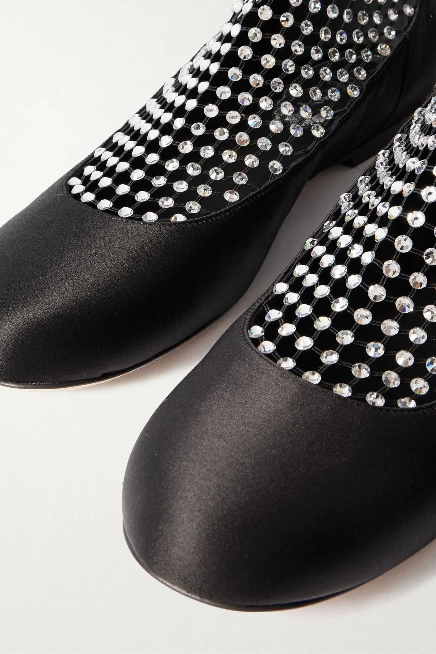 Rene' Caovilla Crystal-Embellished Mesh-Paneled Satin Ballet Flats Black Women's