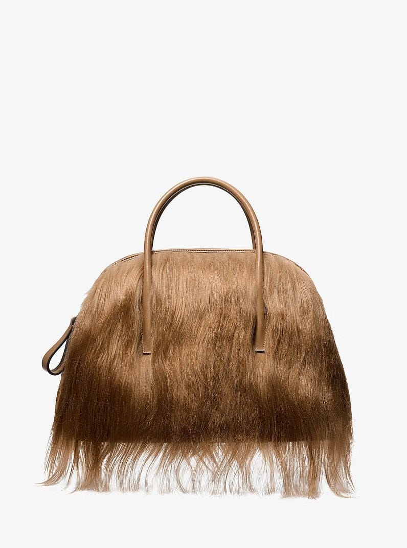 Michael Kors Kaitlin Large Long Haired Shearling Dome Satchel Caramel