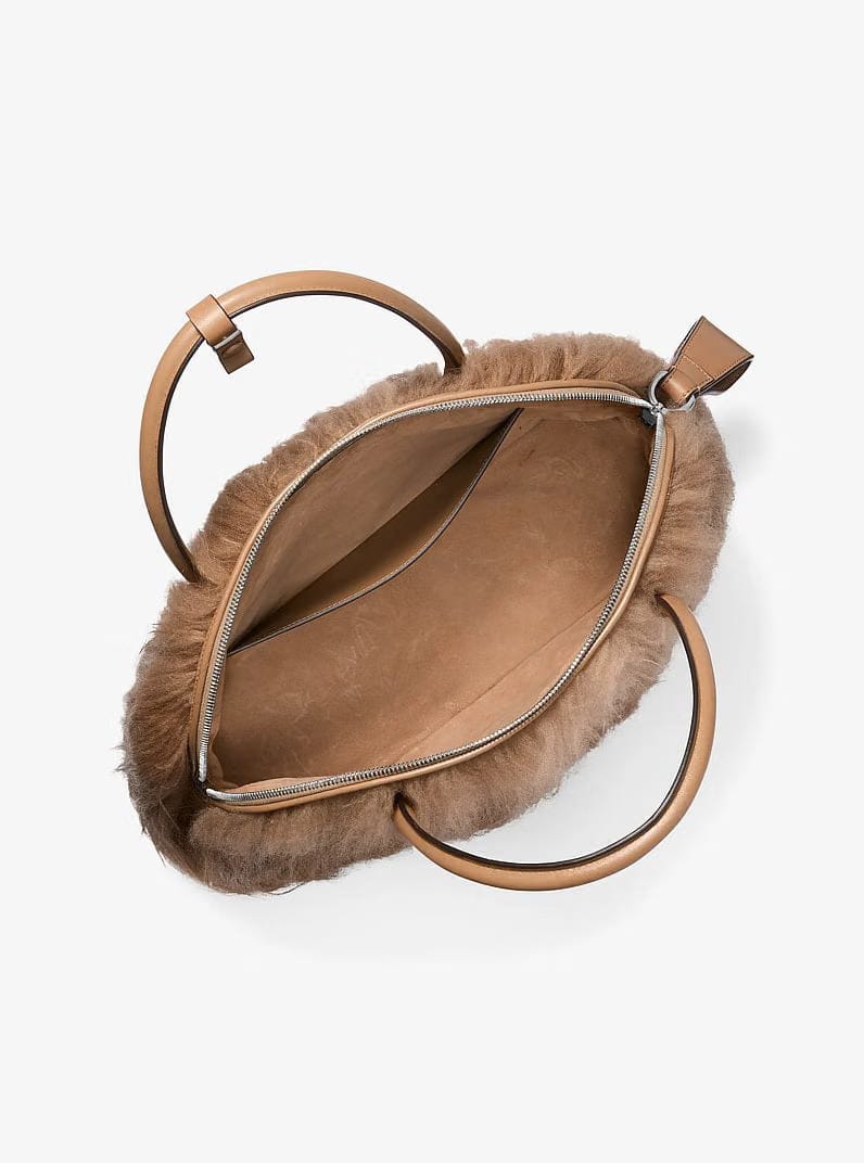 Michael Kors Kaitlin Large Long Haired Shearling Dome Satchel Caramel