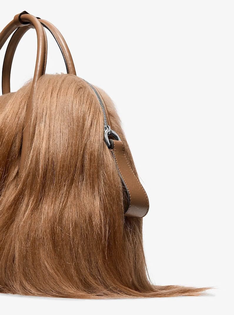 Michael Kors Kaitlin Large Long Haired Shearling Dome Satchel Caramel