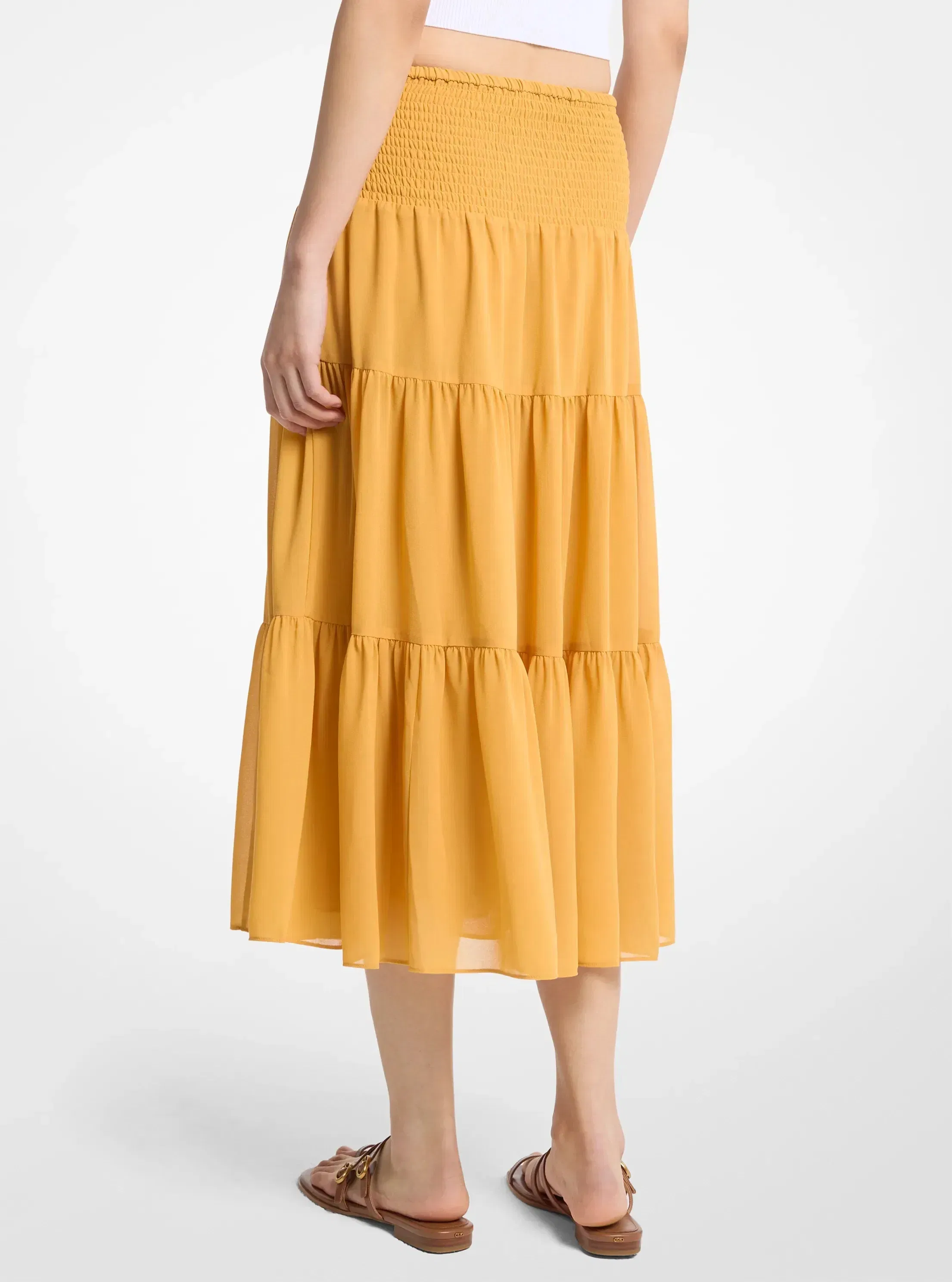 Michael Kors Smocked Georgette Tiered Skirt HONEYWHEAT