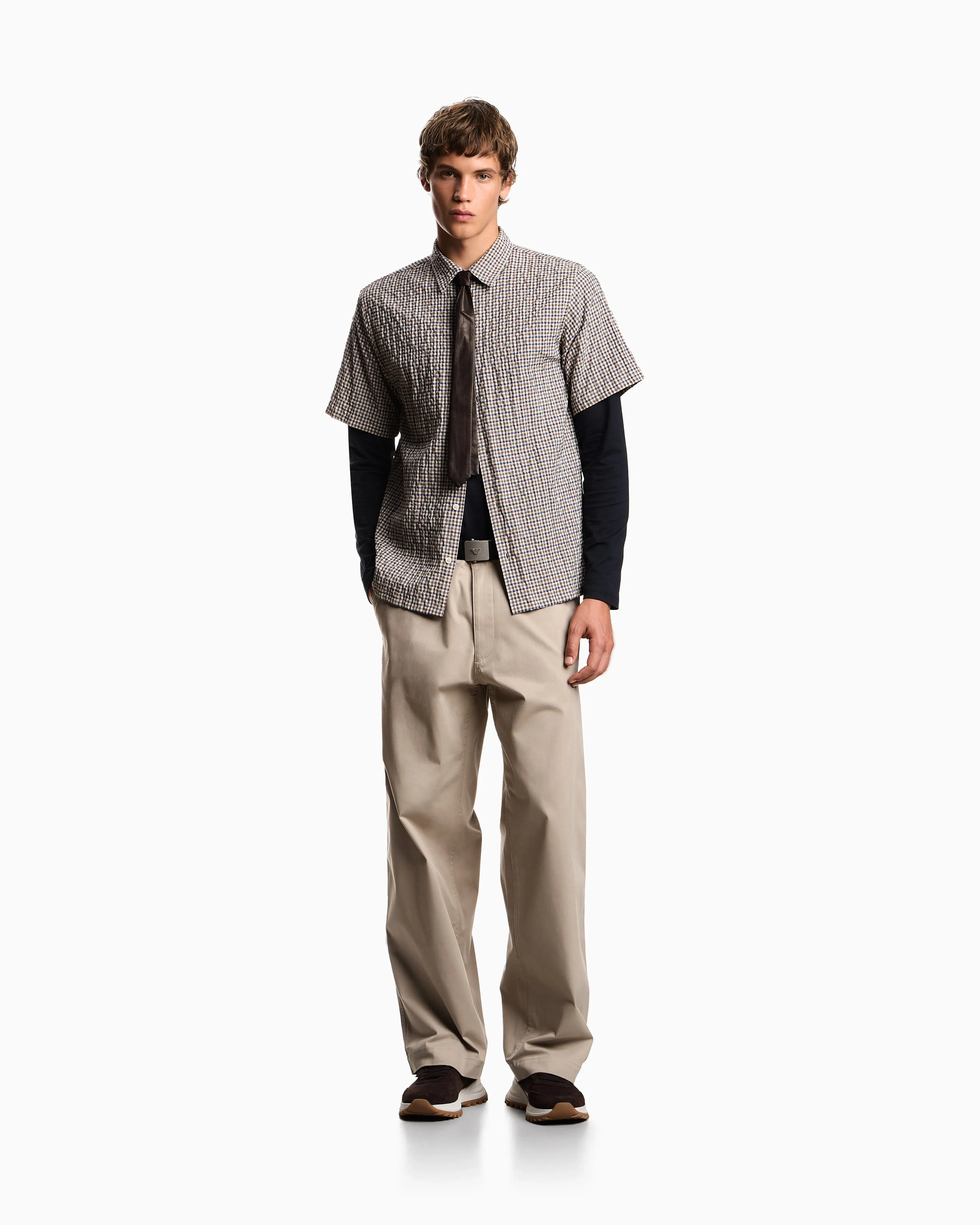 Emporio Armani Eagle Club crinkle fabric shirt with check motif