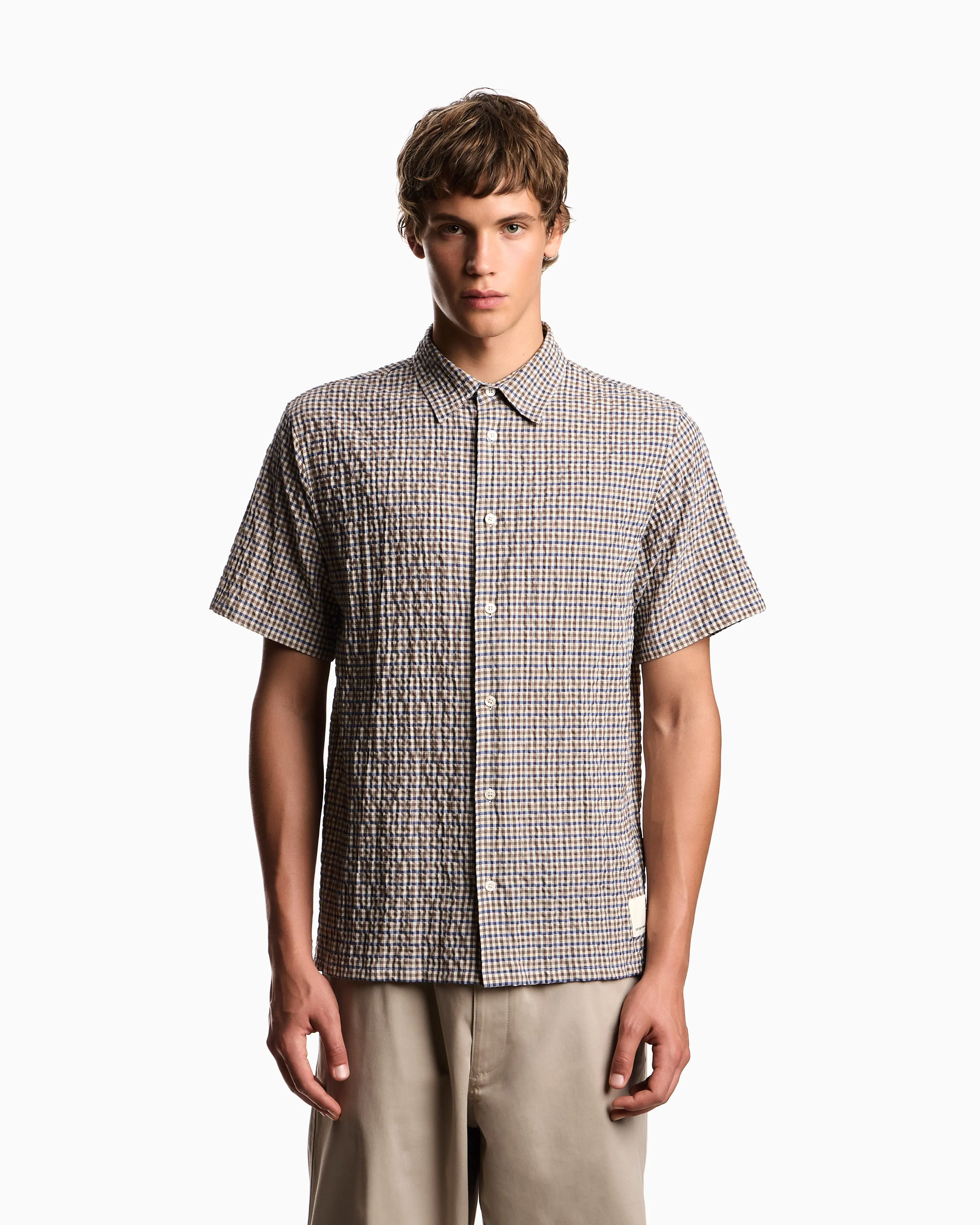 Emporio Armani Eagle Club crinkle fabric shirt with check motif