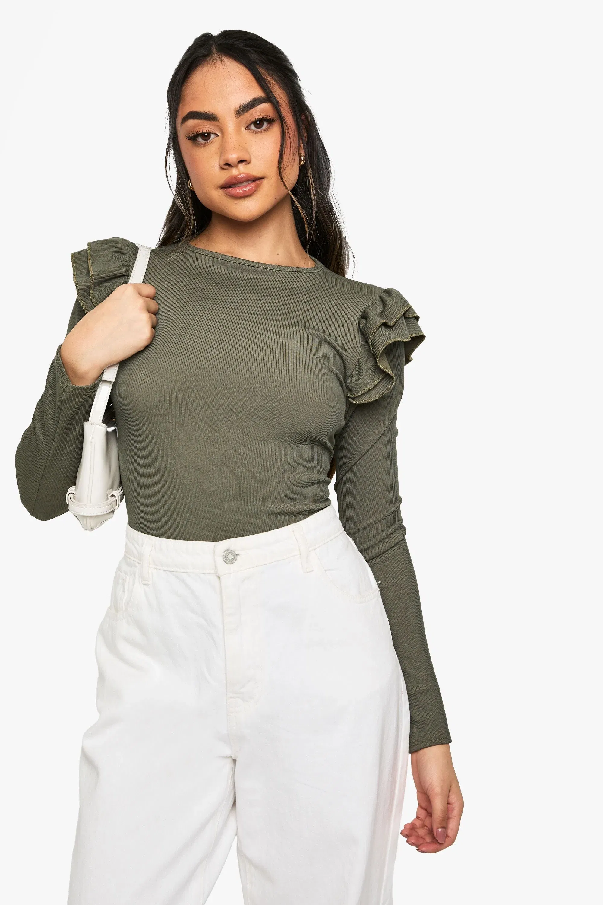 Ribbed Frill Shoulder Long Sleeve Top