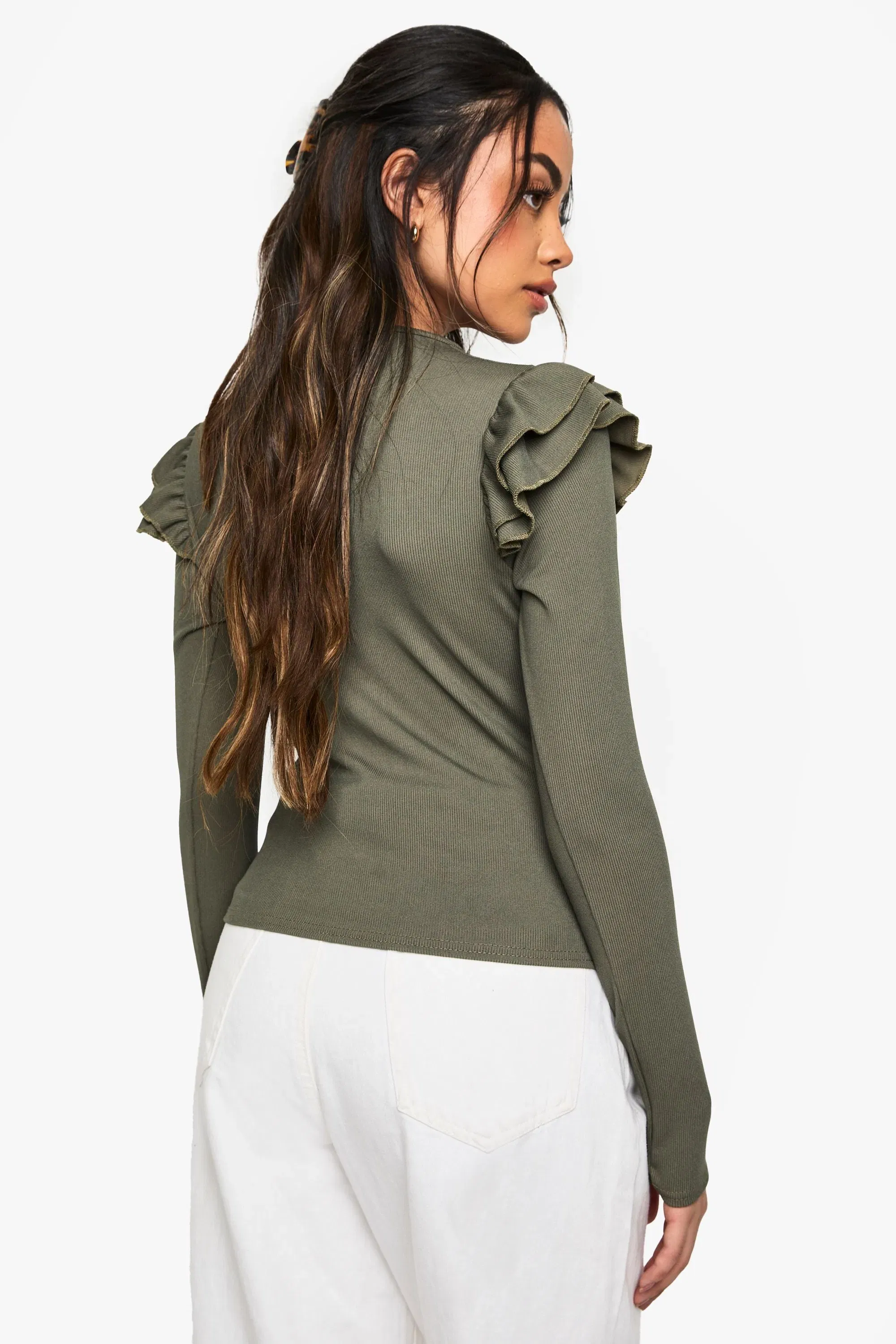 Ribbed Frill Shoulder Long Sleeve Top