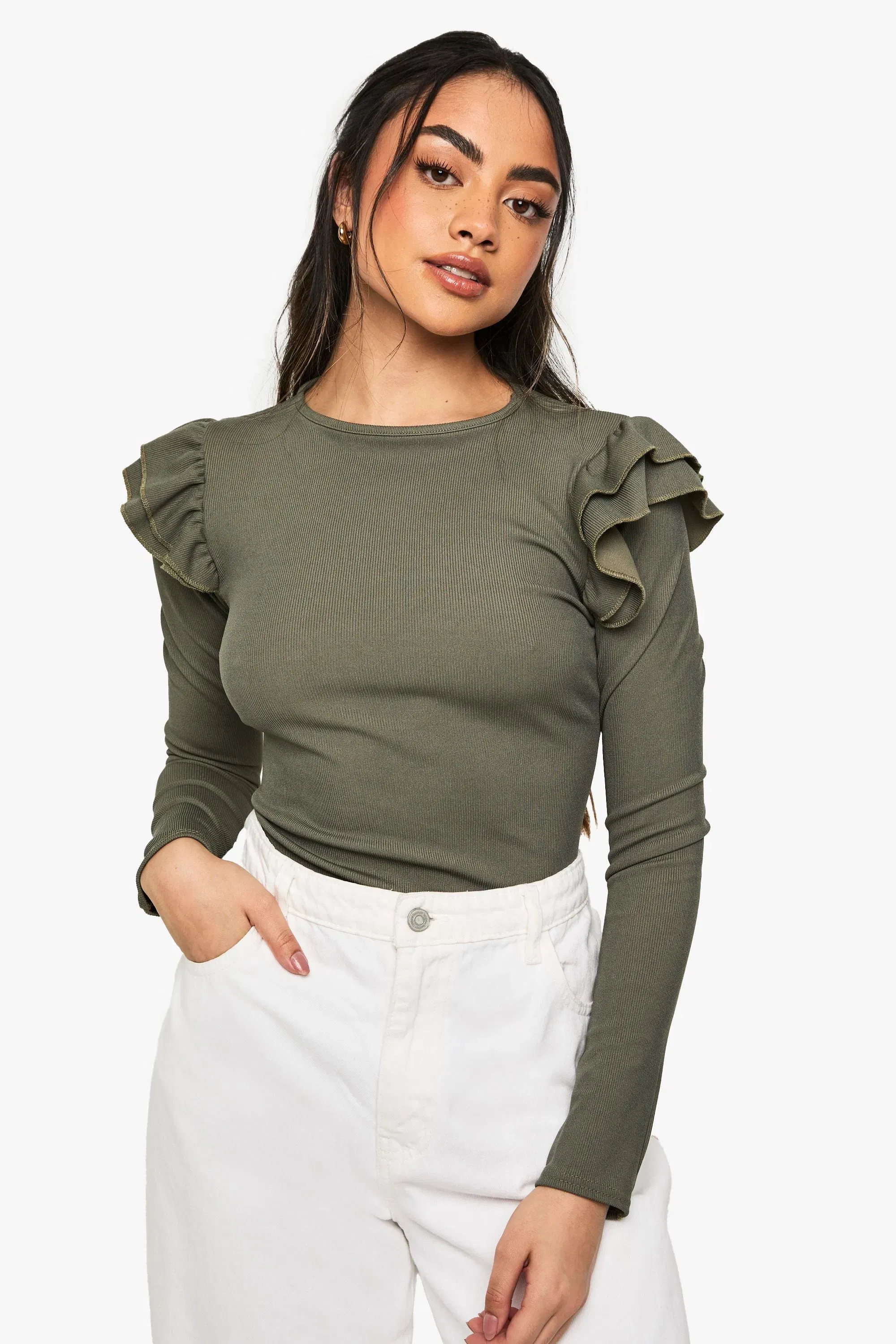 Ribbed Frill Shoulder Long Sleeve Top