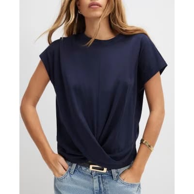 Navy Short Sleeve Twist Front T-Shirt