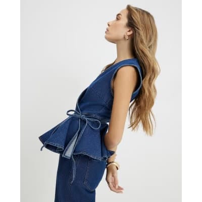 Blue Denim Peplum Wrap Top