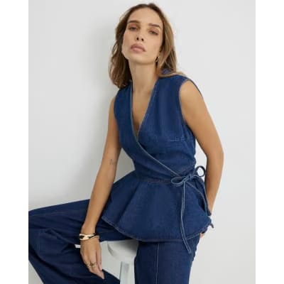Blue Denim Peplum Wrap Top