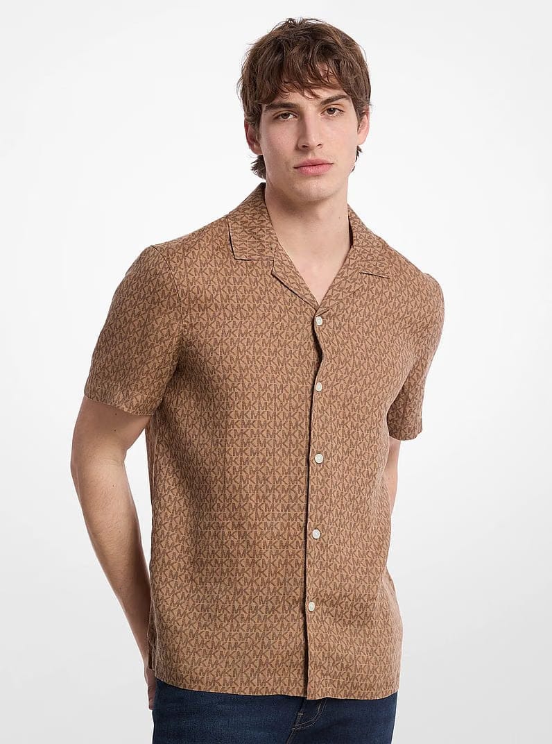 Michael Kors Signature Logo Linen Camp Shirt ACC CAMEL
