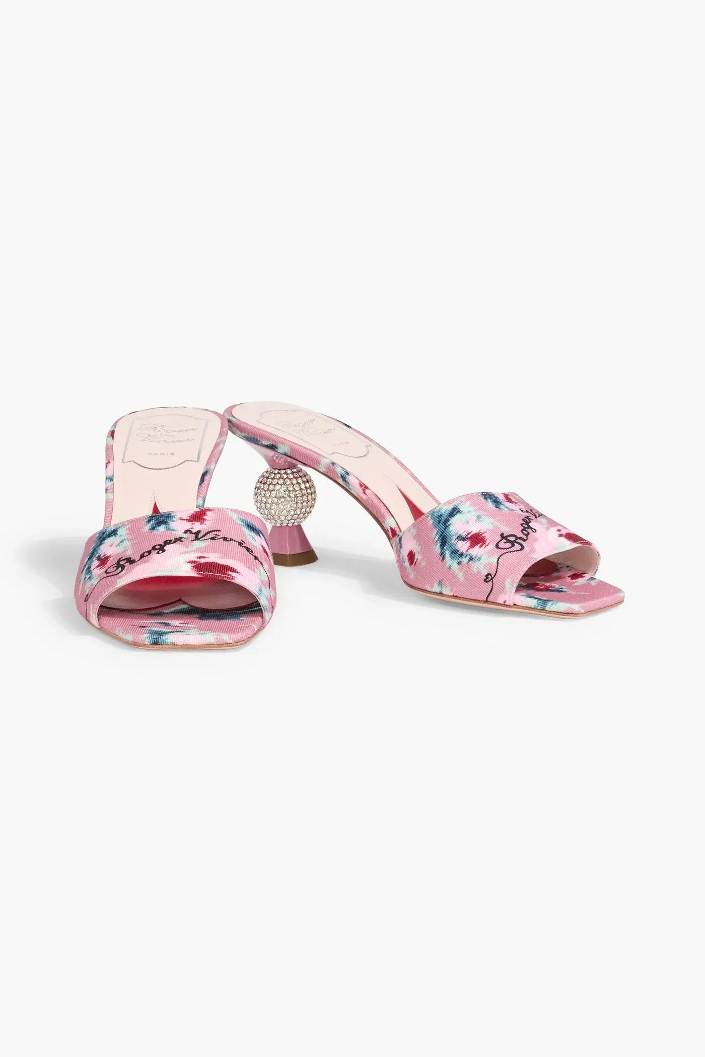 Roger Vivier Marlene Strass Floral-Print Faille Mules Pink Women's