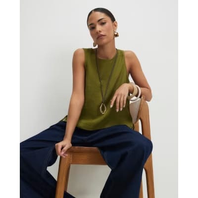 Petite Khaki Linen Tank Top