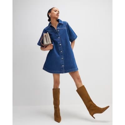 Blue Denim Button Through Mini Dress