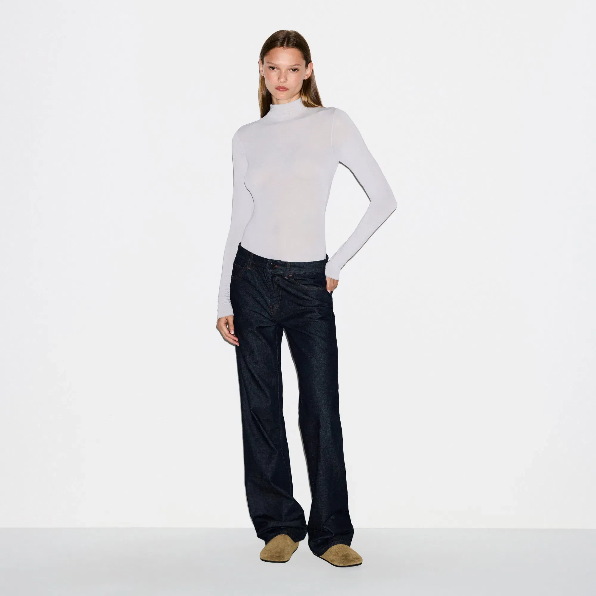 SHEER MODAL LONG SLEEVE TURTLENECK BODYSUIT | MIST