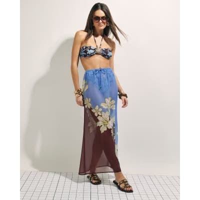 Brown Tropical Print Maxi Beach Skirt