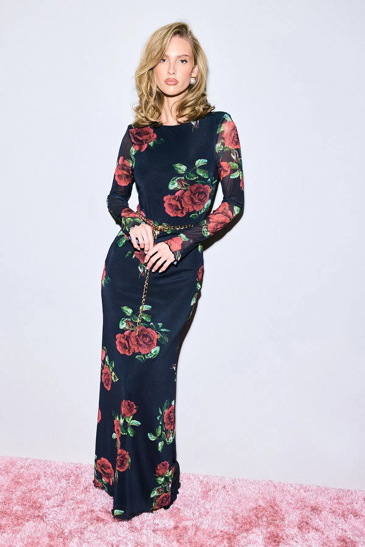 Rose Print Mesh Maxi Skirt