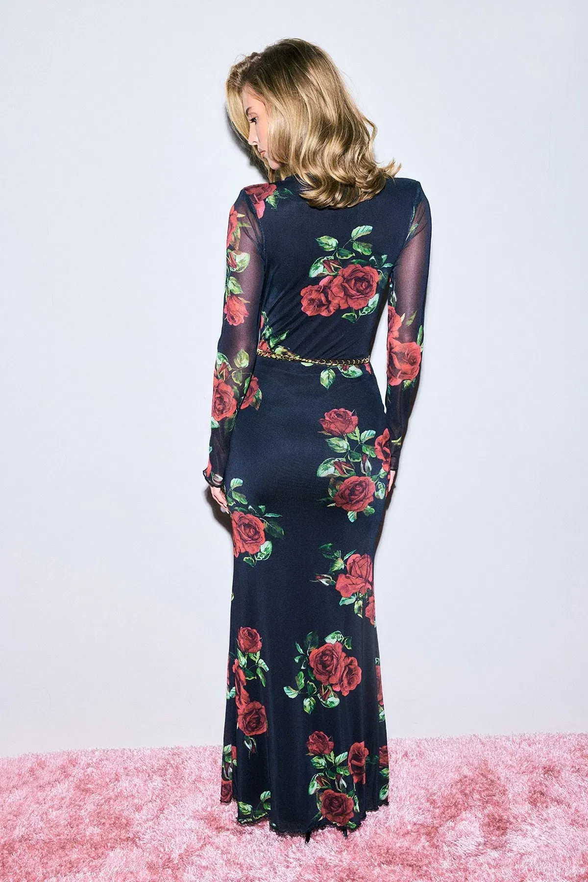 Rose Print Mesh Maxi Skirt