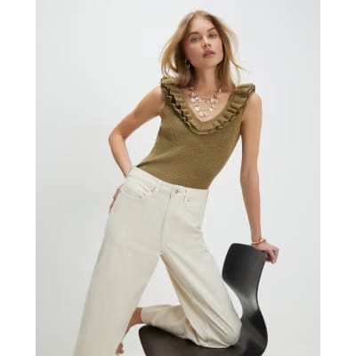 Gold Knitted Frill Trim Vest Top