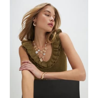 Gold Knitted Frill Trim Vest Top