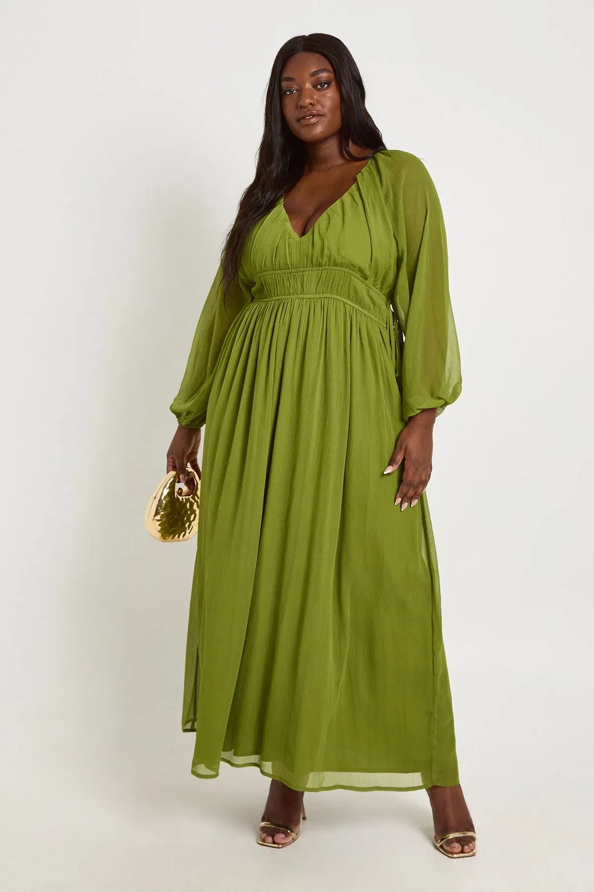 Plus Chiffon Ruched Blouson Sleeve Maxi Dress