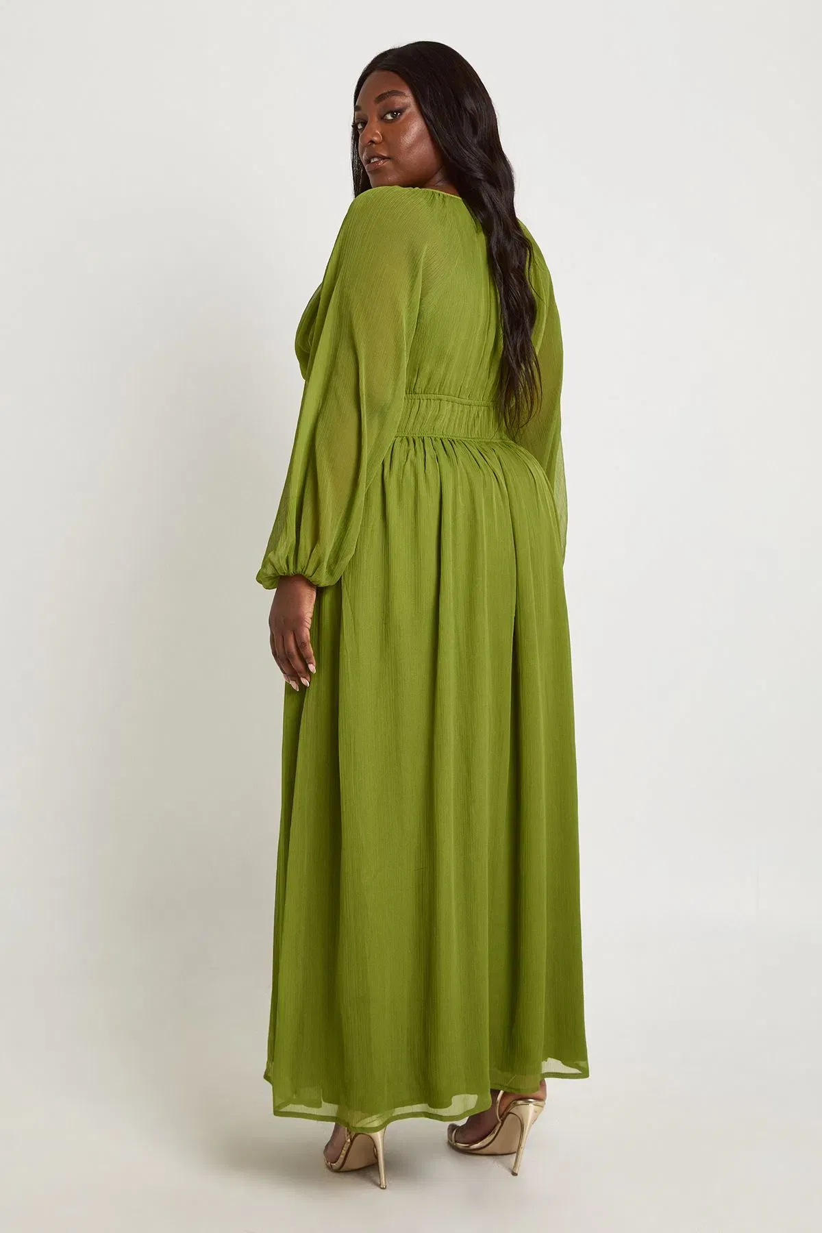 Plus Chiffon Ruched Blouson Sleeve Maxi Dress