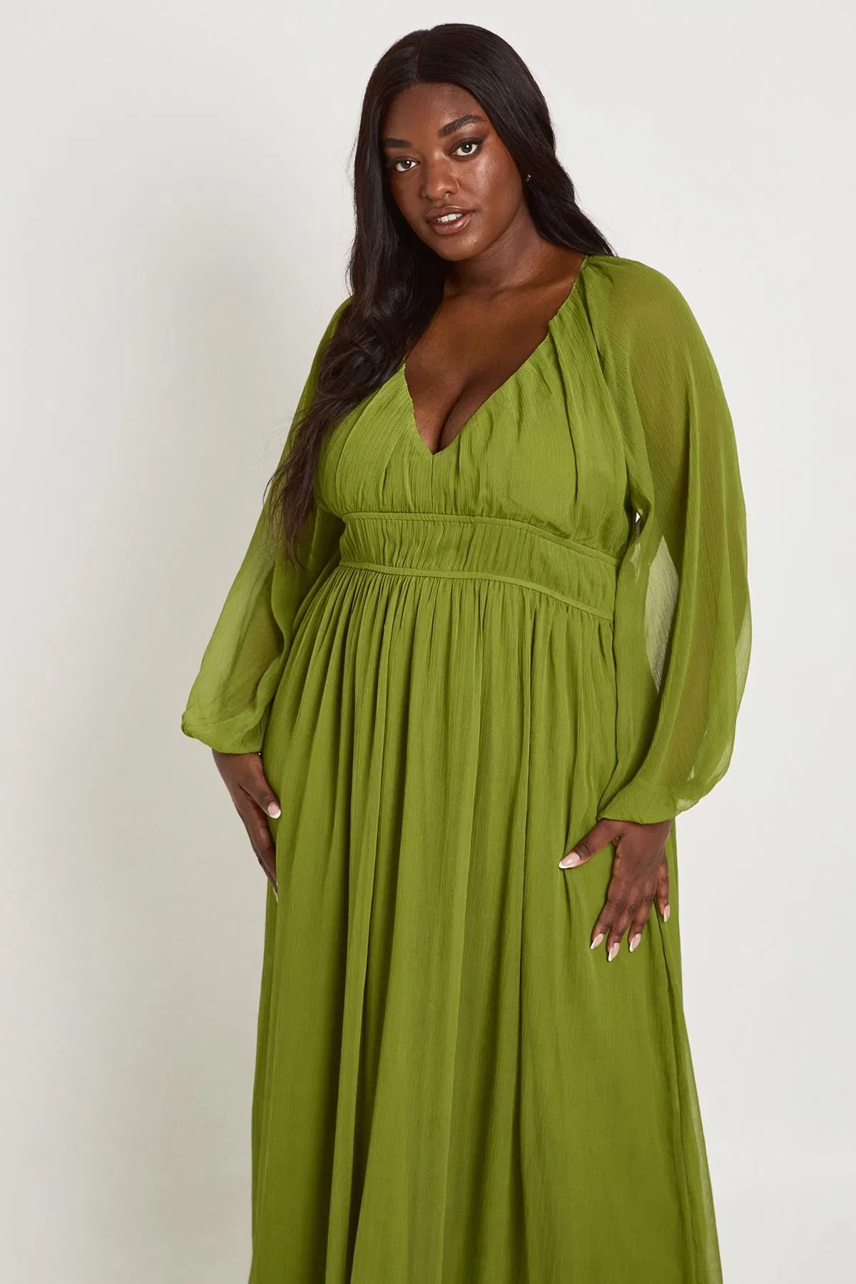 Plus Chiffon Ruched Blouson Sleeve Maxi Dress