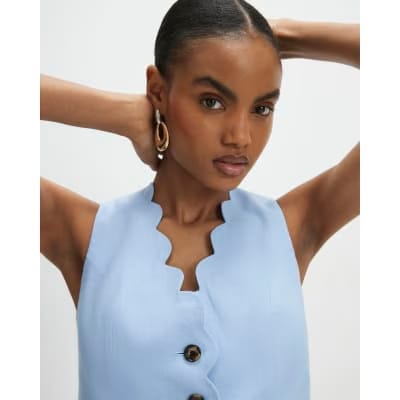 Blue Linen Blend Scallop Trim Waistcoat