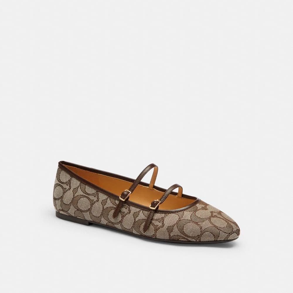 Women's Coach Double Buckle Mary Jane In Signature Jacquard Oak Maple