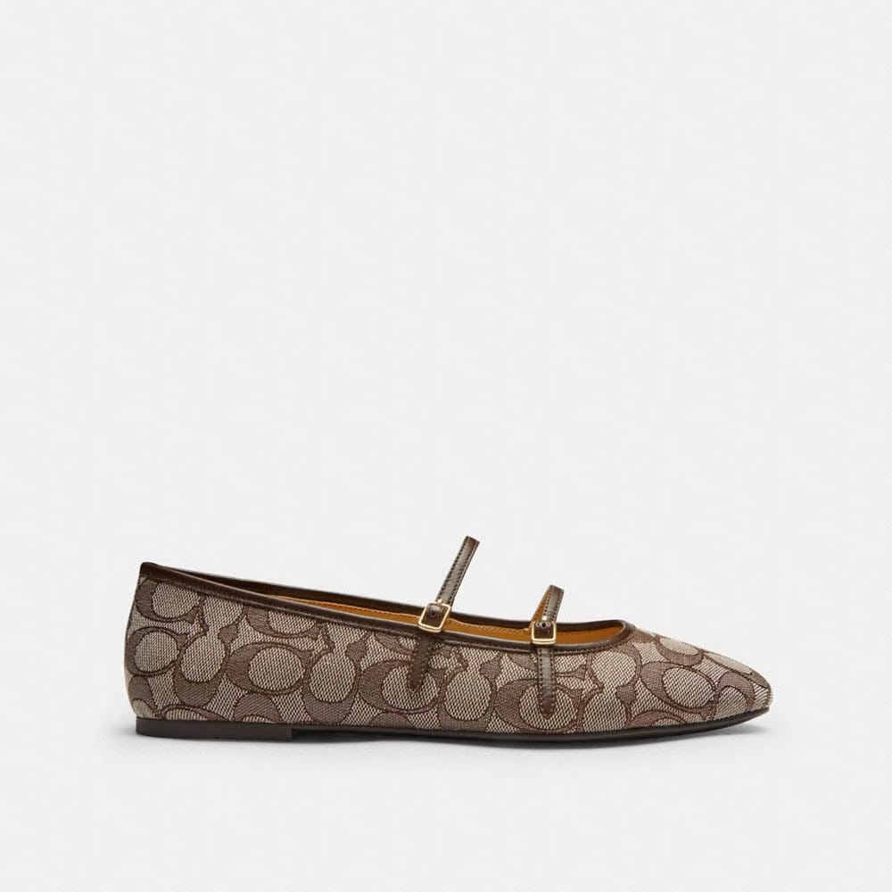 Women's Coach Double Buckle Mary Jane In Signature Jacquard Oak Maple