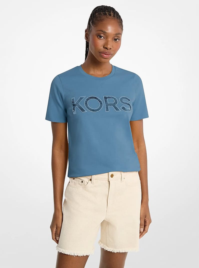 Michael Kors Sequined Logo Cotton T-Shirt DK CHAMBRAY