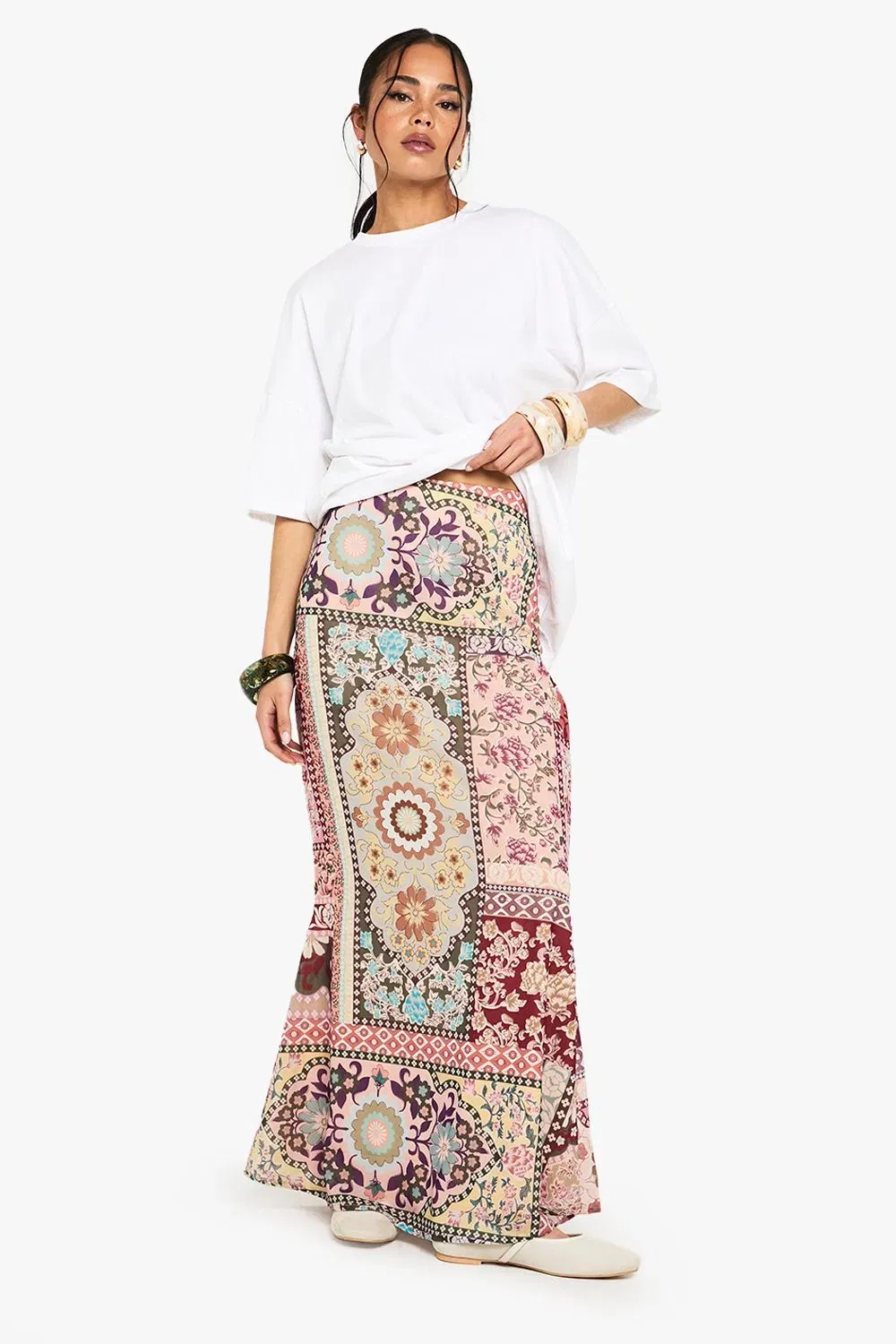 Patchwork Paisley Print Woven Maxi Skirt