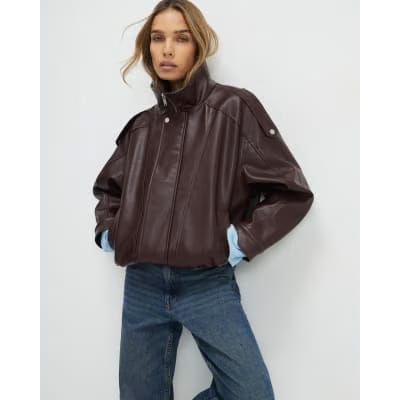 Brown Faux Leather Funnel Neck Jacket