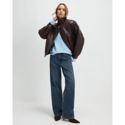 Brown Faux Leather Funnel Neck Jacket