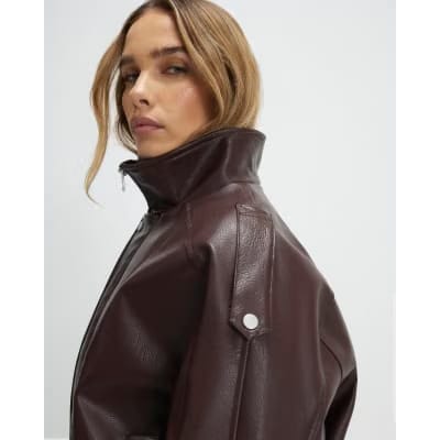 Brown Faux Leather Funnel Neck Jacket