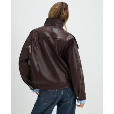 Brown Faux Leather Funnel Neck Jacket